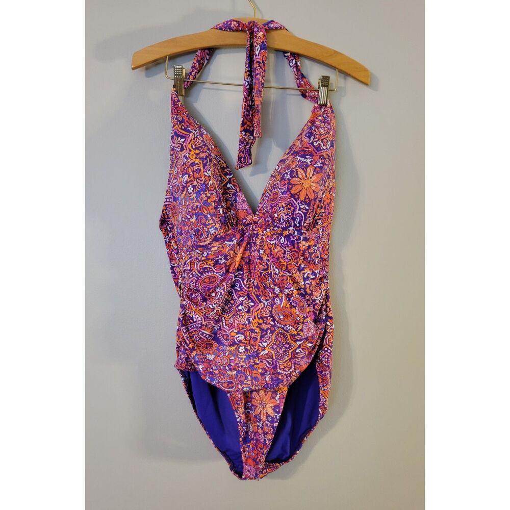 Ralph Lauren Womens One Piece Orange Purple Halter Swimsuit Size 14